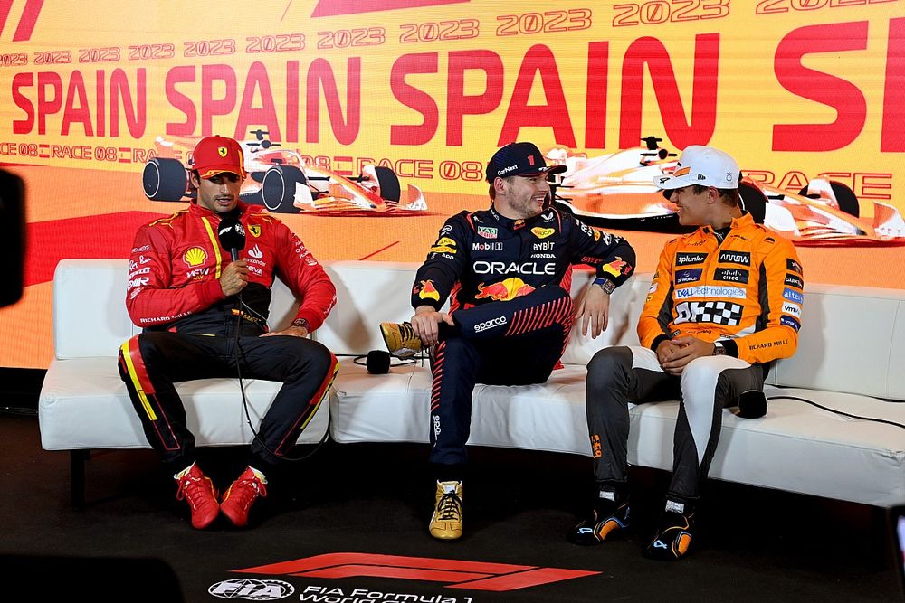 Carlos Sainz, Scuderia Ferrari, Pole man Max Verstappen, Red Bull Racing, Lando Norris, McLaren, in the post Qualifying Press Conference