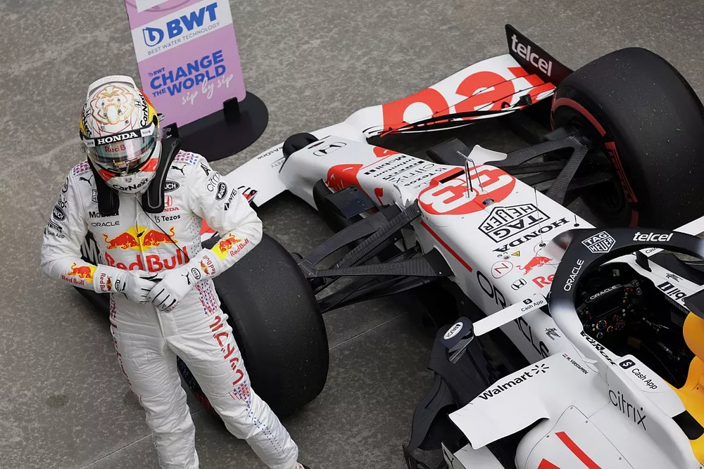 Max Verstappen, Red Bull Racing, arrives in Parc Ferme after Qualifying