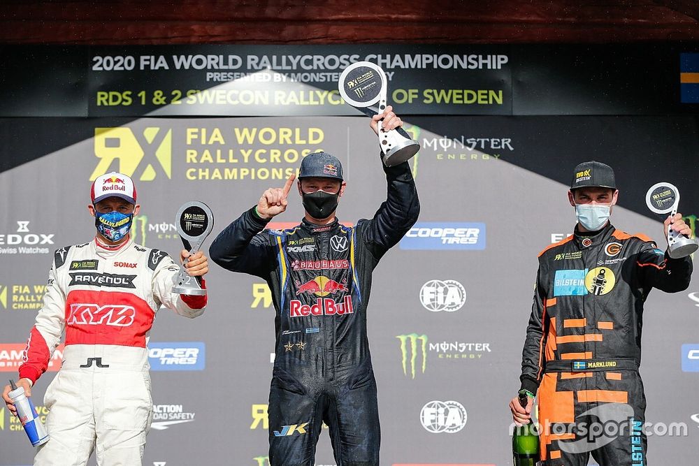 Podium: Race winner Johan Kristoffersson, Kristoffersson Motorsport, second place Mattias Ekström, KYB Team JC, third place Anton Marklund, GCK Bilstein