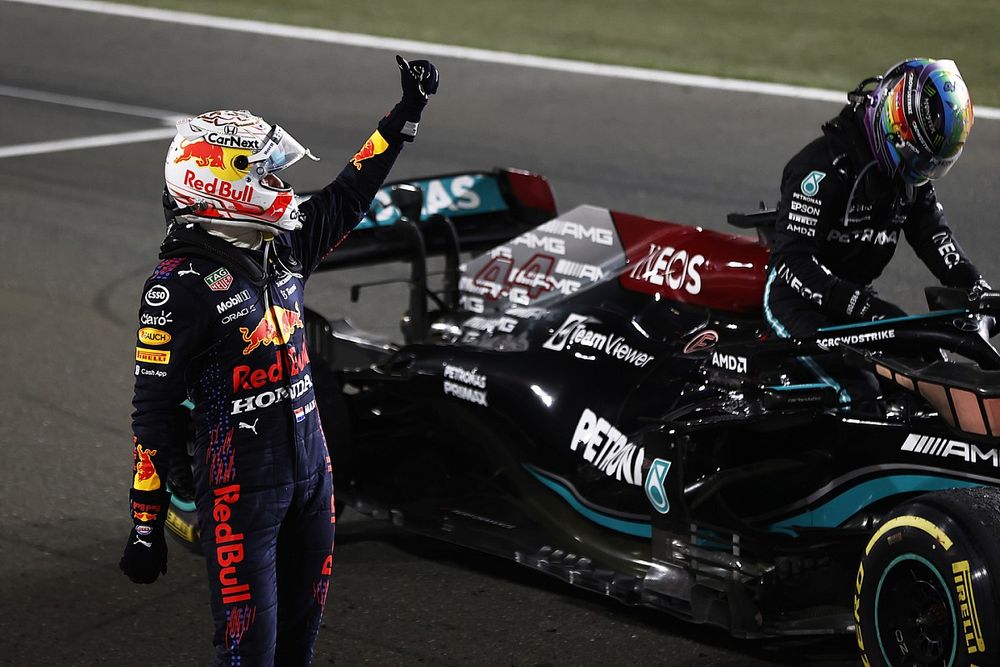 Max Verstappen, Red Bull Racing, 2nd position, and Lewis Hamilton, Mercedes, 1st position, in Parc Ferme