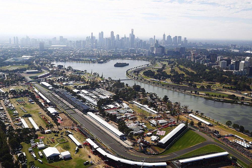 An aerial view of the grid at Albert Park and the Melbourne skyline