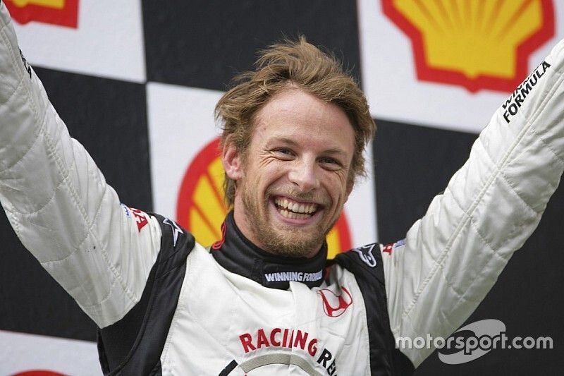 Podium: race winner Jenson Button celebrates