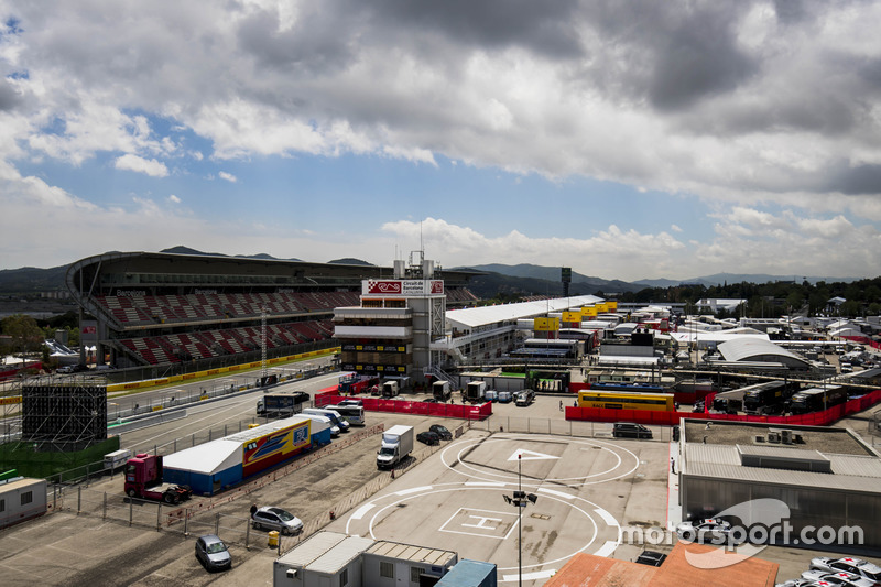 A scenic view of the Barcelona paddock, pit building and pit straight grandstand