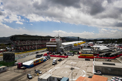A scenic view of the Barcelona paddock, pit building and pit straight grandstand