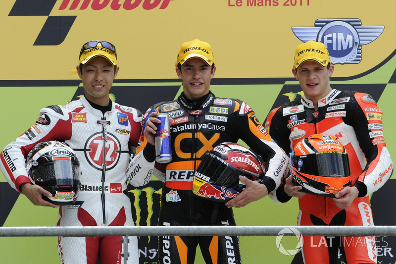 Le podium du GP de France 2011 de Moto2 : Marc Marquez, Yuki Takahashi, Stefan Bradl