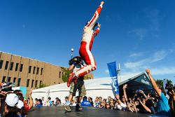 Felix Rosenqvist, Mahindra Racing, jumps onto the podium