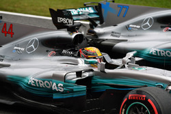 Pole sitter Lewis Hamilton, Mercedes-Benz F1 W08 and Valtteri Bottas, Mercedes-Benz F1 W08 in parc ferme