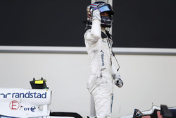 Lance Stroll, Williams, celebrates third place in parc ferme
