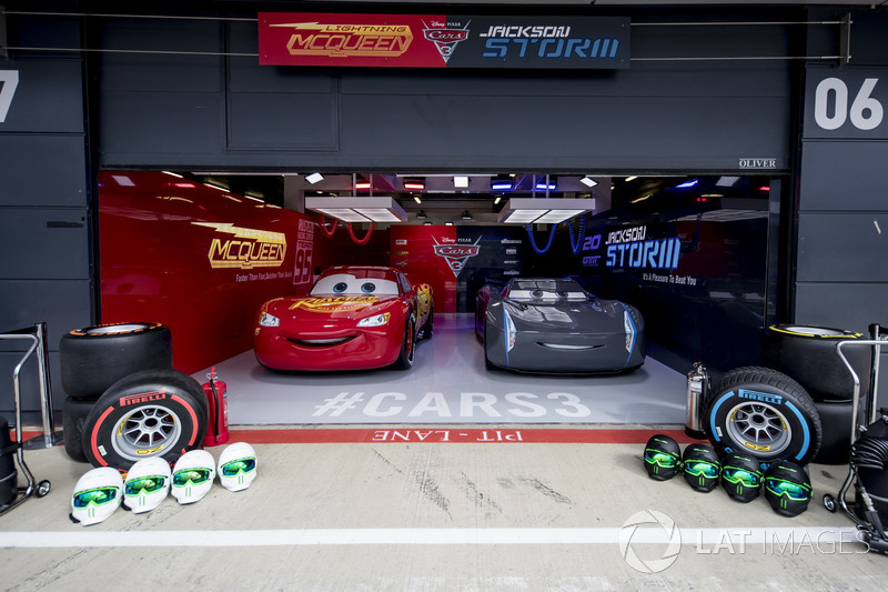 Recreations of the vehicles from the film Cars in a garage