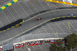 Jolyon Palmer, Renault Sport F1 Team RS17, leads Stoffel Vandoorne, McLaren MCL32, and Antonio Giovinazzi, Sauber C36