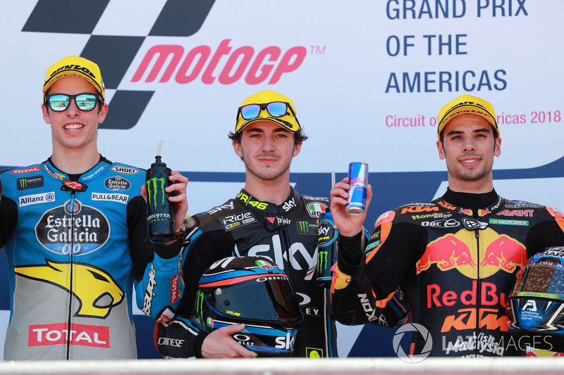 Podium: second place Alex Marquez, Marc VDS, Race winner Francesco Bagnaia, Sky Racing Team VR46, third place Miguel Oliveira, Red Bull KTM Ajo