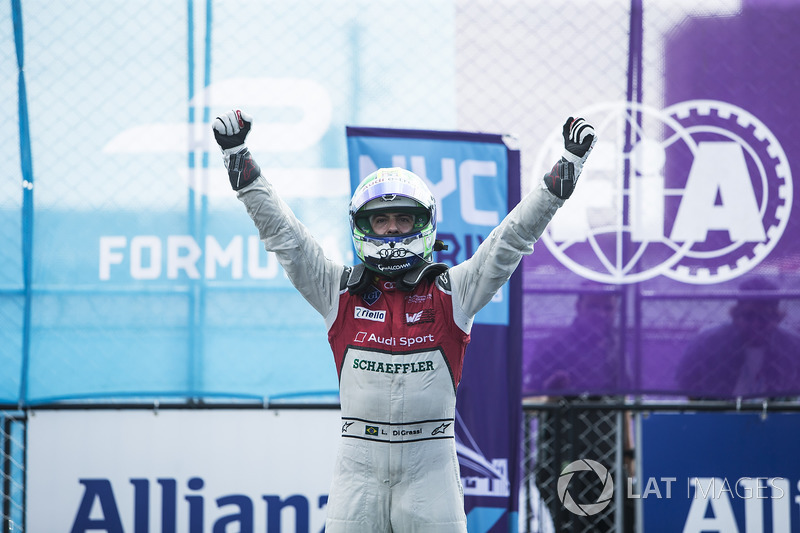 Lucas di Grassi, Audi Sport ABT Schaeffler, celebrates in Parc Ferme after winning the race