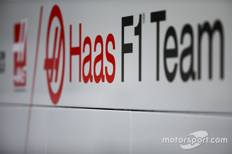 The Haas team logo on the side of a transporter