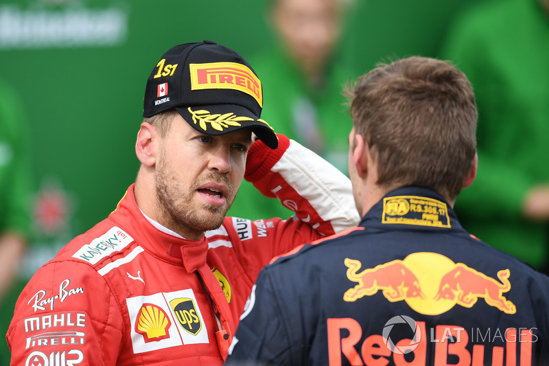 Sebastian Vettel, Ferrari and Max Verstappen, Red Bull Racing dans le Parc Fermé