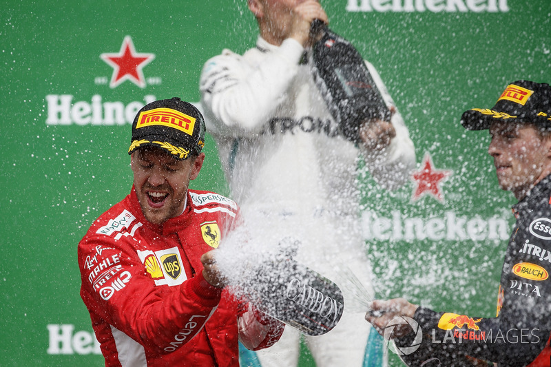 Valtteri Bottas, Mercedes AMG F1, 2nd position, Sebastian Vettel, Ferrari, 1st position, and Max Ver