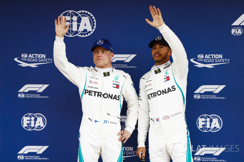 Lewis Hamilton, Mercedes AMG F1, celebrates pole position with Valtteri Bottas, Mercedes AMG F1