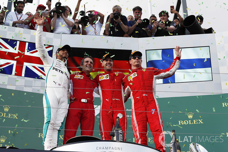 Lewis Hamilton, Mercedes-AMG F1, Sebastian Vettel, Ferrari and Kimi Raikkonen, Ferrari celebrate on the podium