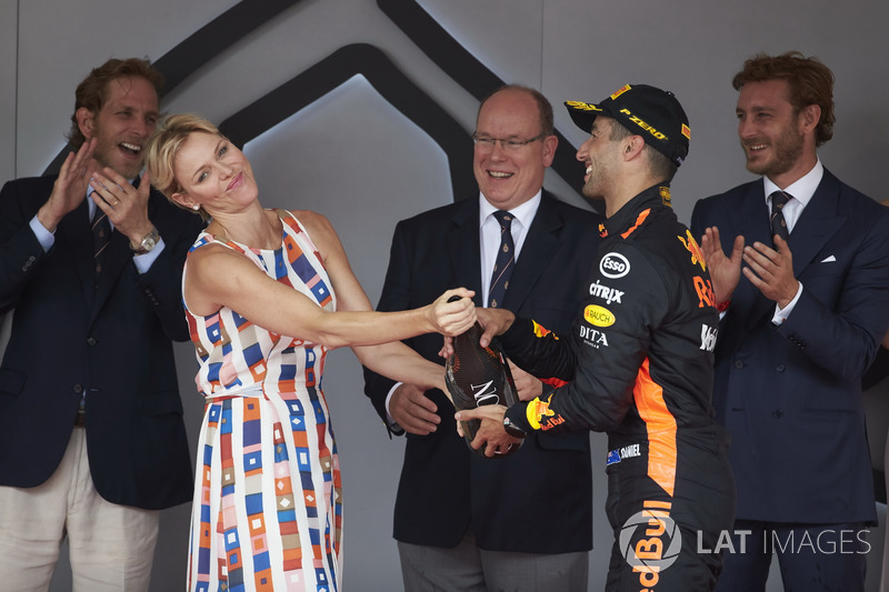 Princess Charlene and Prince Albert of Monaco with Race winner Daniel Ricciardo, Red Bull Racing,on the podium