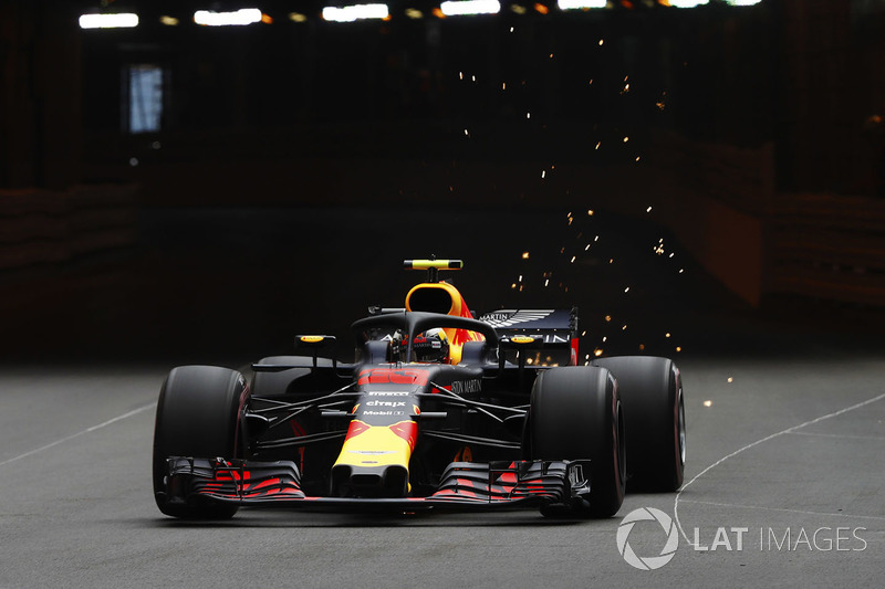 Max Verstappen, Red Bull Racing RB14, strikes sparks exiting the tunnel