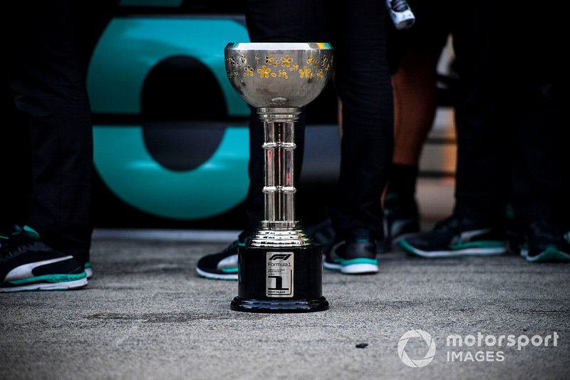 The trophy won by Valtteri Bottas, Mercedes AMG F1