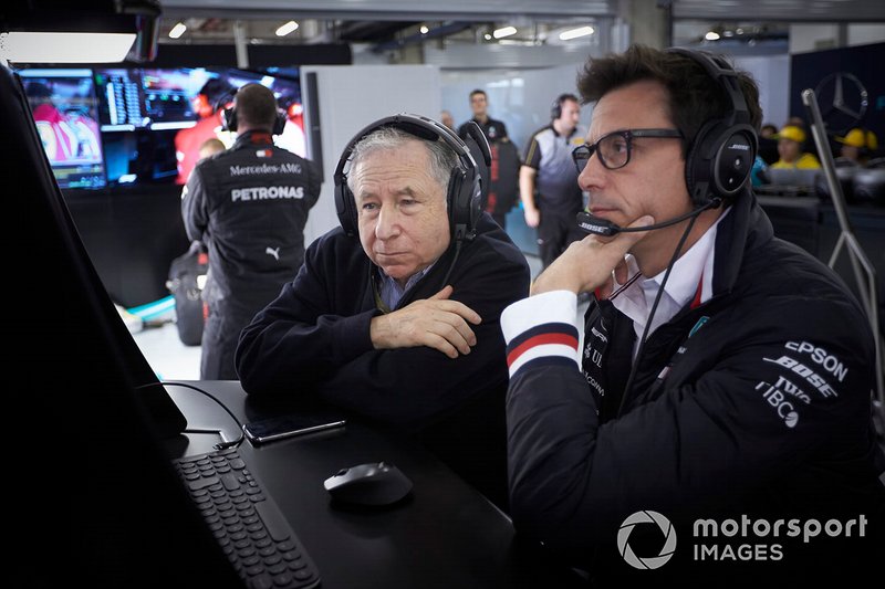 Jean Todt, President, FIA, and Toto Wolff, Executive Director (Business), Mercedes AMG, in the Mercedes garage