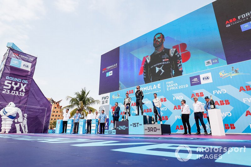 Jean-Eric Vergne, DS TECHEETAH, 1st position, Oliver Rowland, Nissan e.Dams, 2nd position, Antonio Felix da Costa, BMW I Andretti Motorsports, 3rd position, on the podium.