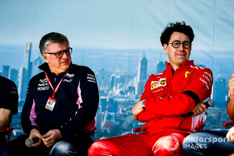Otmar Szafnauer, Team Principal Racing Point, and Mattia Binotto, Team Principal Ferrari, on stage
