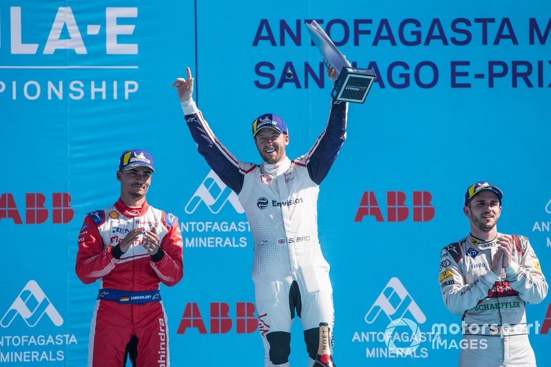 Winner Sam Bird, Envision Virgin Racing celebrates victory on the podium with Pascal Wehrlein, Mahindra Racing, 2nd position, Daniel Abt, Audi Sport ABT Schaeffler, 3rd position.