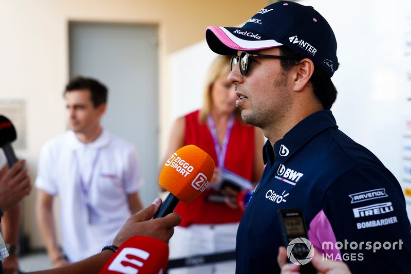 Sergio Perez, Racing Point speaks with the media