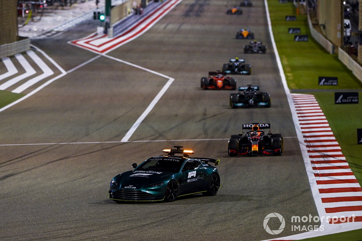 The Safety Car Max Verstappen, Red Bull Racing RB16B, Lewis Hamilton, Mercedes W12, Charles Leclerc, Ferrari SF21, and Valtteri Bottas, Mercedes W12