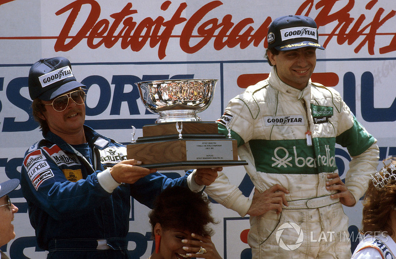 Michele Alboreto, Tyrrell Ford, 1st position, Keke Rosberg, Williams Ford, 2nd position on the podium