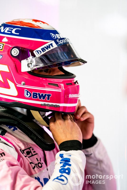 Lance Stroll, Racing Point, pits his helmet on