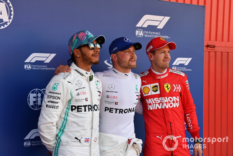 Top three Qualifiers Lewis Hamilton, Mercedes AMG F1, Pole man Valtteri Bottas, Mercedes AMG F1, and Sebastian Vettel, Ferrari