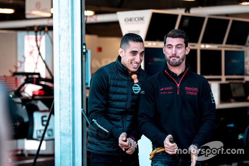 Sébastien Buemi, Nissan e.Dams, Jose Maria Lopez, Dragon Racing spruzzano lo champagne dopo aver vinto a Mario kart