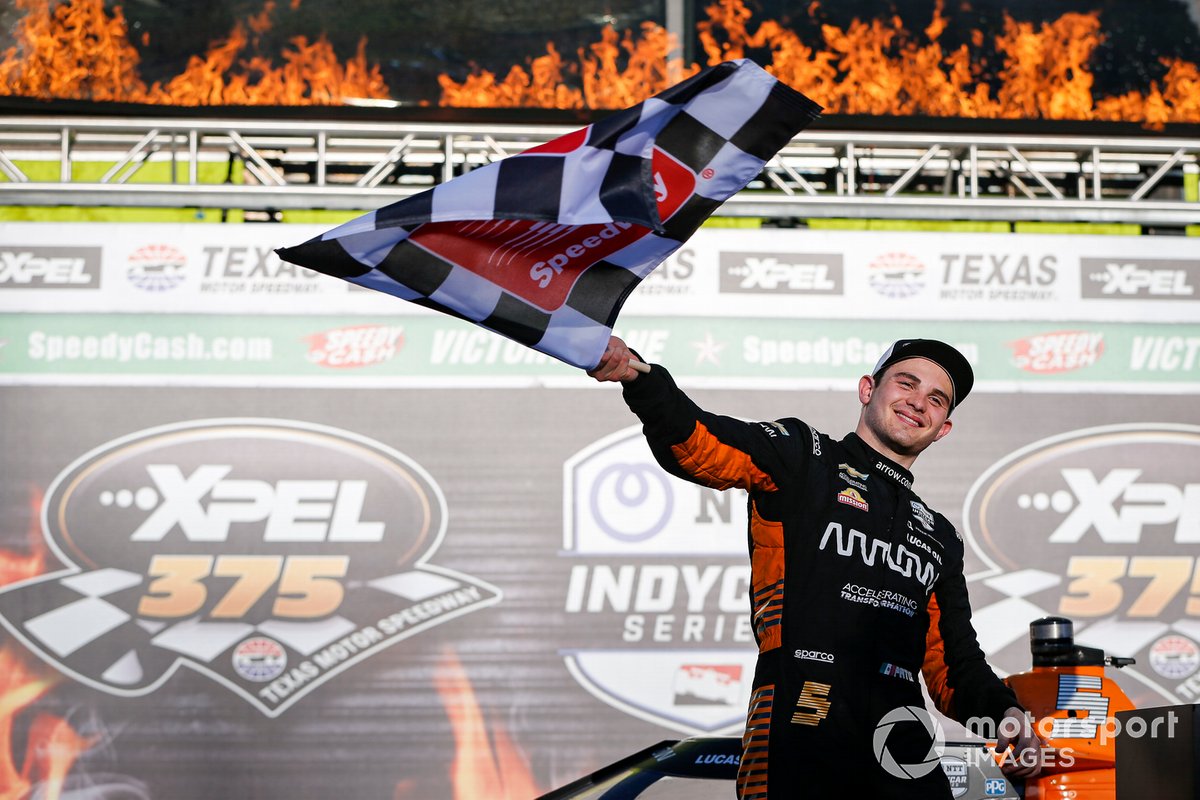 Patricio O'Ward, Arrow McLaren SP Chevrolet celebra la victoria en la XPEL 375