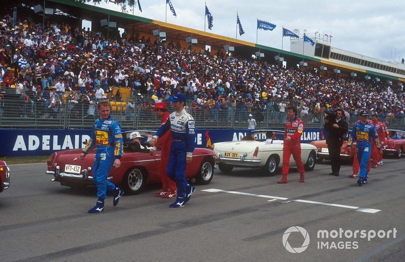 Johnny Herbert, Benetton, Damon Hill, Williams, Jean Alesi, Ferrari, Eddie Irvine, Jordan and Michael Schumacher, Benetton Ford on the drivers parade