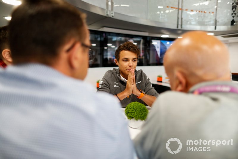 Lando Norris, McLaren, talks to the media