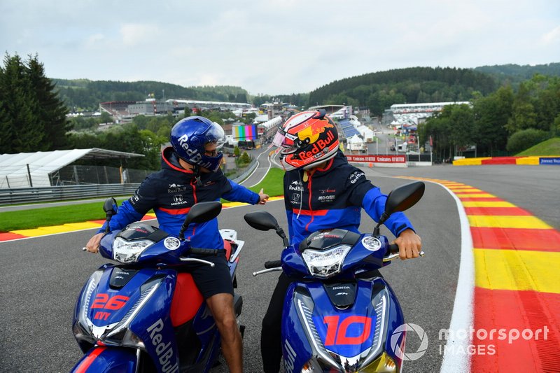 Pierre Gasly, Toro Rosso, rides on a scooter at Eau Rouge