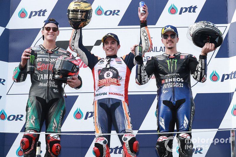 Podium: race winner Marc Marquez, Repsol Honda Team, second place Fabio Quartararo, Petronas Yamaha SRT, third place Maverick Vinales, Yamaha Factory Racing