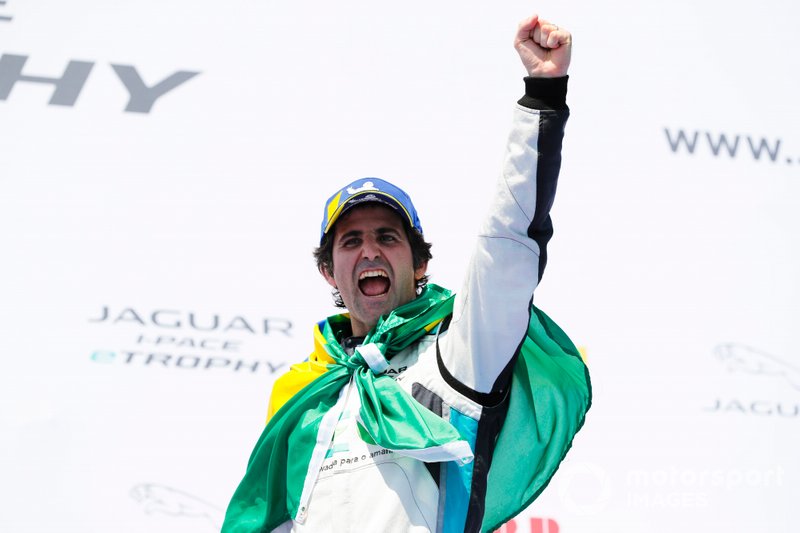 Sérgio Jimenez, Jaguar Brazil Racing celebrates victory on the podium