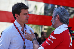 (L to R): Toto Wolff, Mercedes AMG F1 Shareholder and Executive Director with Maurizio Arrivabene, Ferrari Team Principal