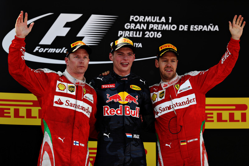 Max Verstappen, Red Bull Racing, Kimi Raikkonen, Scuderia Ferrari and Sebastian Vettel, Scuderia Ferrari celebrate