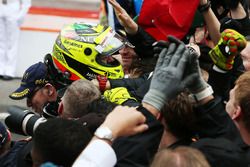 Sergio Perez, Sahara Force India F1 celebrates his third position with the team in parc ferme