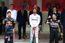 The podium, Red Bull Racing, second; Lewis Hamilton, Mercedes AMG F1, race winner; Sergio Perez, Sahara Force India F1, third