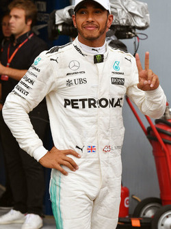 Pole sitter Lewis Hamilton, Mercedes AMG F1 celebrates in parc ferme