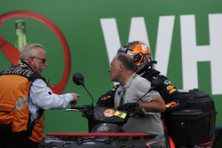 Race retiree Max Verstappen, Red Bull Racing, Race Marshals and Security after stopping on track