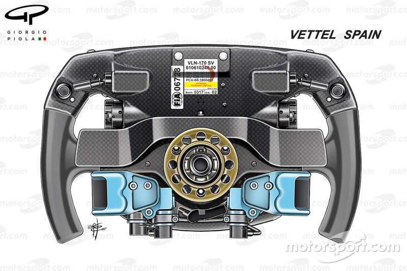 Ferrari SF70H : vue de dos du volant de Sebastian Vettel, GP d'Espagne