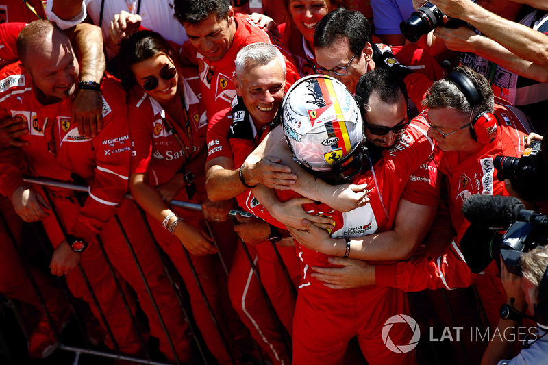 Race winner Sebastian Vettel, Ferrari, celebrates in Parc Ferme