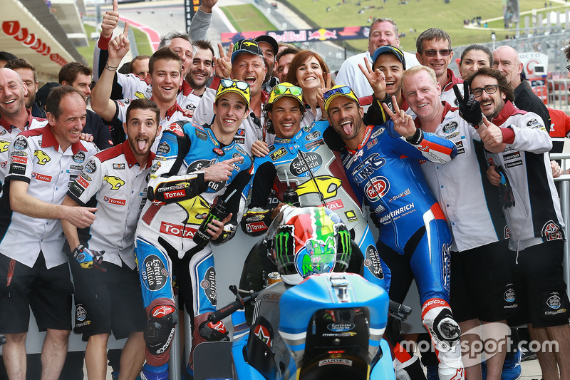 Il terzo qualificato Alex Marquez, Marc VDS, il poleman Franco Morbidelli, Marc VDS, il secondo qualificato Mattia Pasini, Italtrans Racing Team