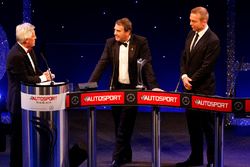 Nigel Mansell onstage with Sir Chris Hoy and Steve Rider after receiving the Gregor Grant Award